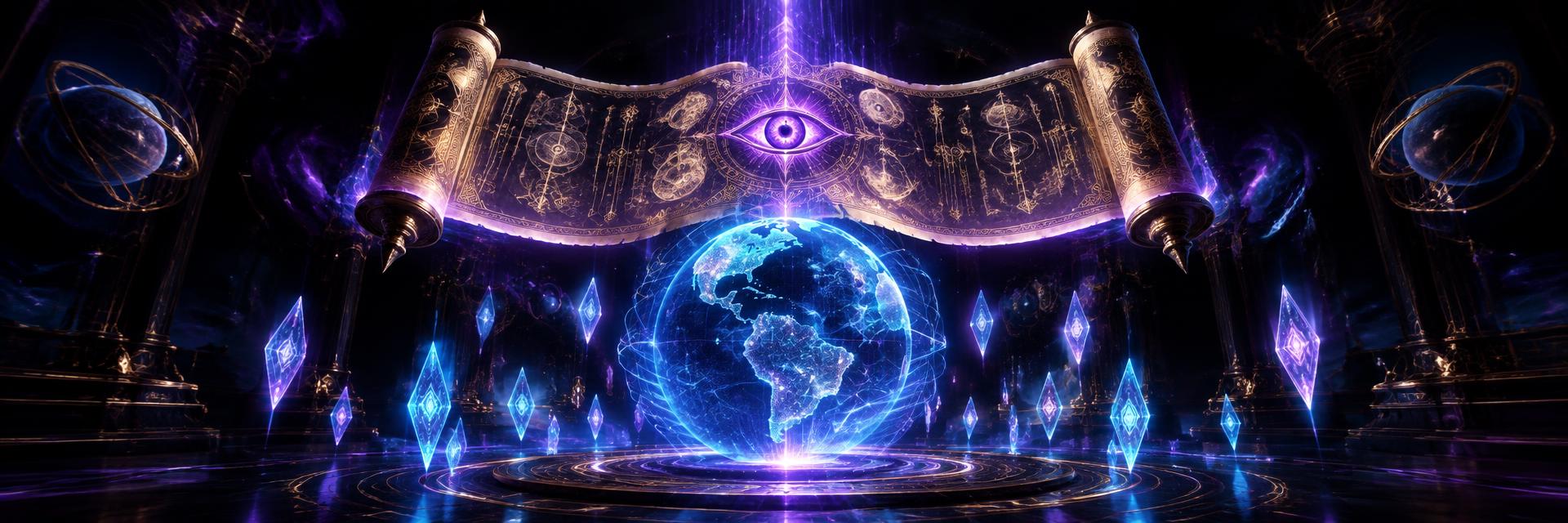 A prophecy scroll unfurling above a holographic globe